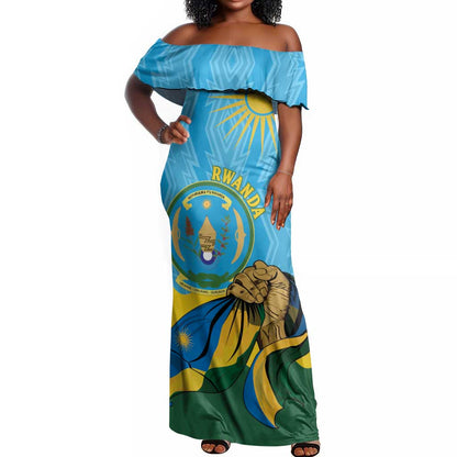 Personalized Happy Rwanda Independence Day Off Shoulder Maxi Dress Coat Of Arms With Map