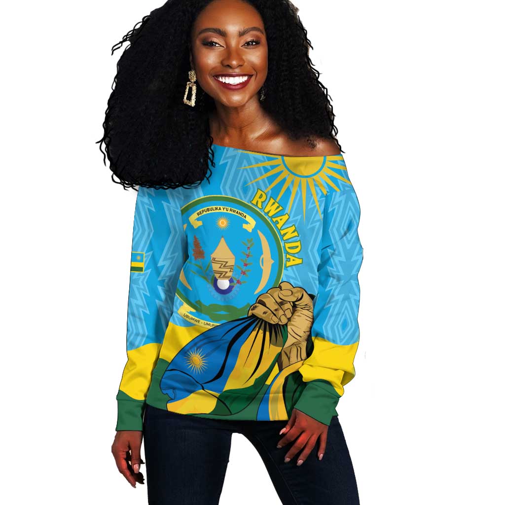 Personalized Happy Rwanda Independence Day Off Shoulder Sweater Coat Of Arms With Map