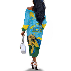 Personalized Happy Rwanda Independence Day Off The Shoulder Long Sleeve Dress Coat Of Arms With Map