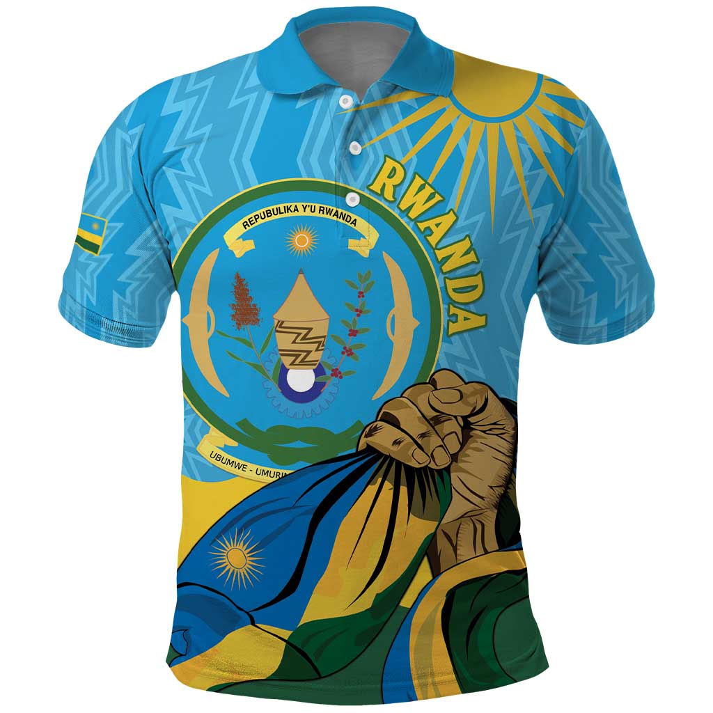 Personalized Happy Rwanda Independence Day Polo Shirt Coat Of Arms With Map