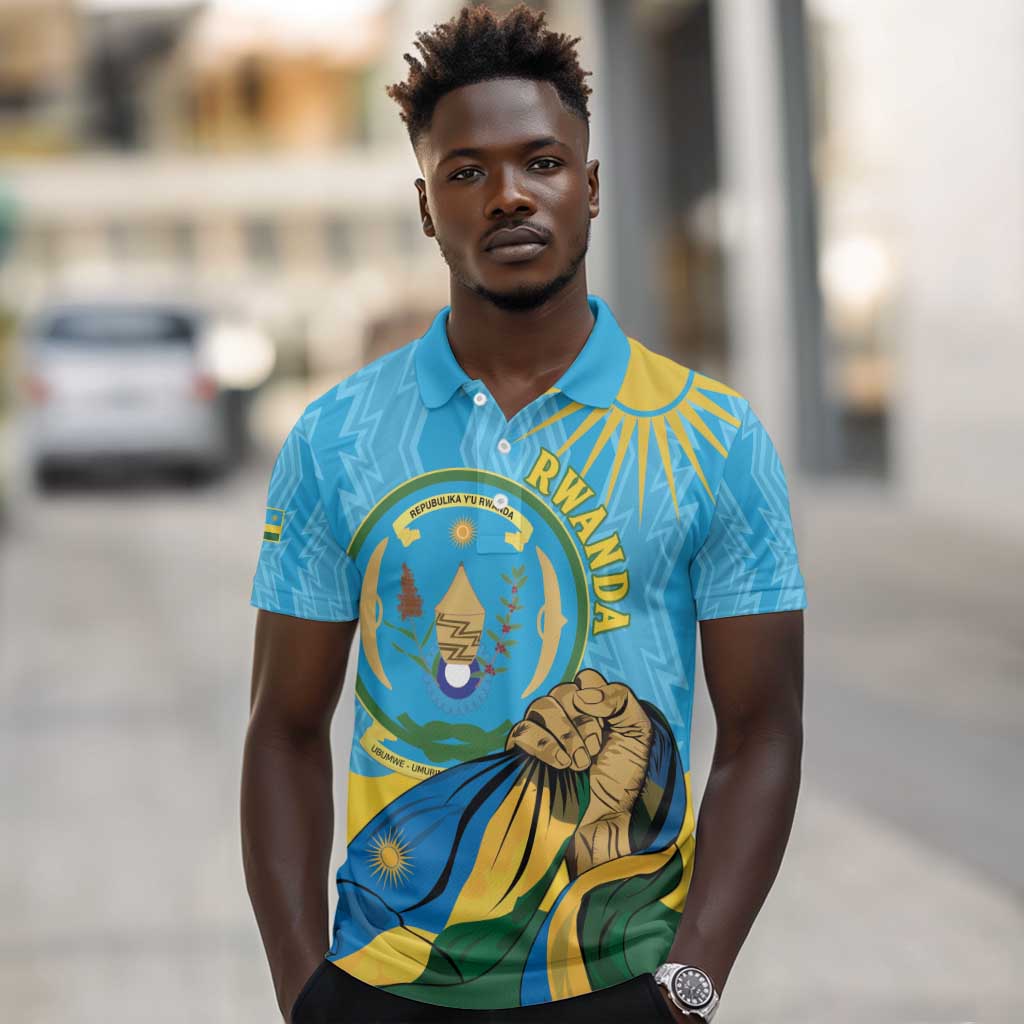 Personalized Happy Rwanda Independence Day Polo Shirt Coat Of Arms With Map