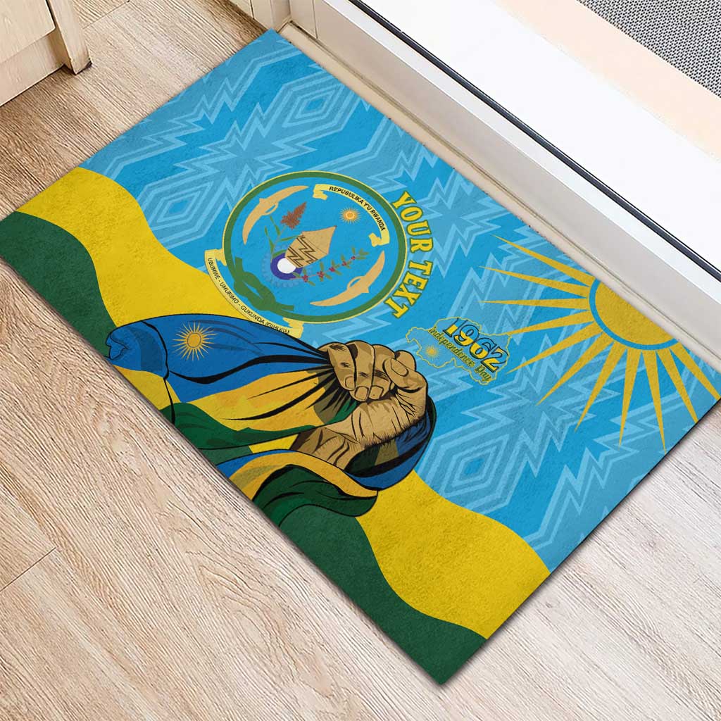 Personalized Happy Rwanda Independence Day Rubber Doormat Coat Of Arms With Map
