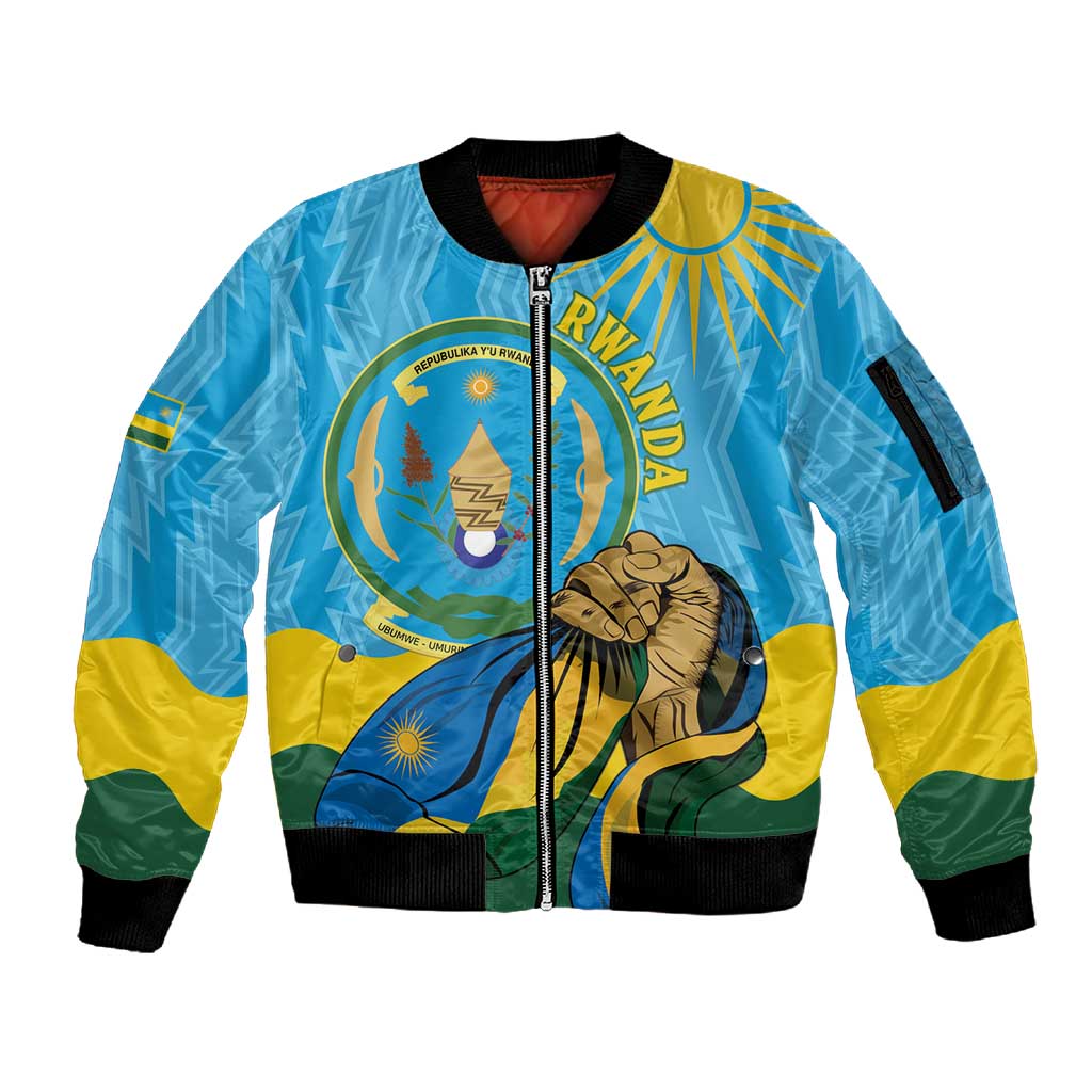 Personalized Happy Rwanda Independence Day Sleeve Zip Bomber Jacket Coat Of Arms With Map