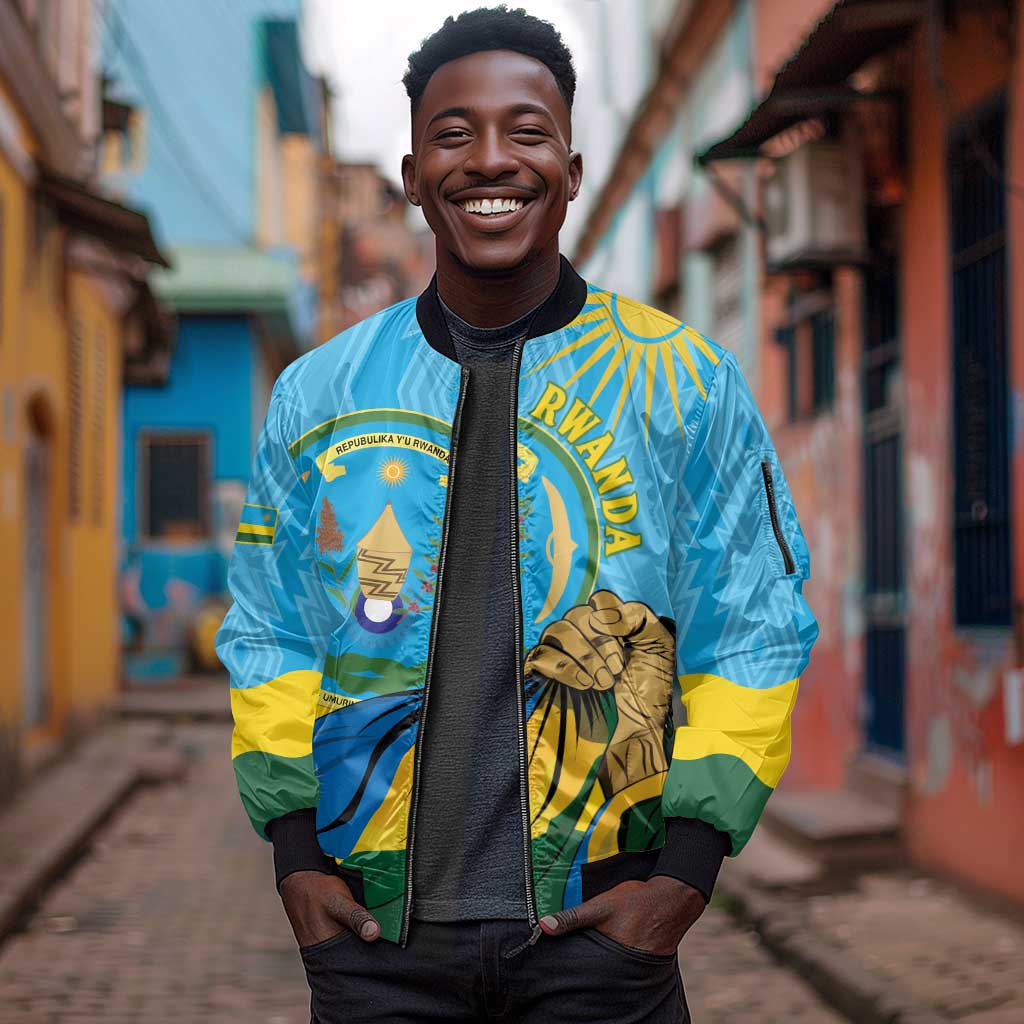 Personalized Happy Rwanda Independence Day Sleeve Zip Bomber Jacket Coat Of Arms With Map