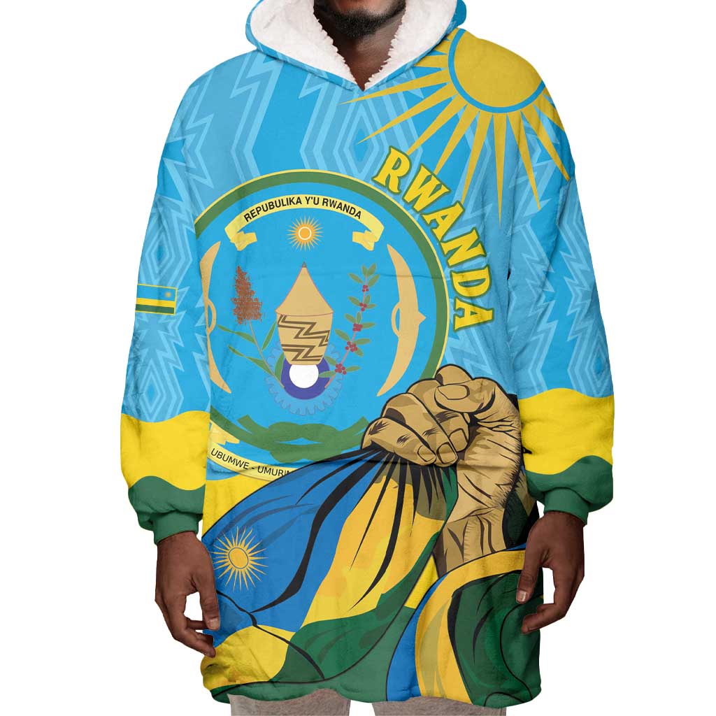 Personalized Happy Rwanda Independence Day Wearable Blanket Hoodie Coat Of Arms With Map