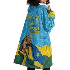 Personalized Happy Rwanda Independence Day Wearable Blanket Hoodie Coat Of Arms With Map