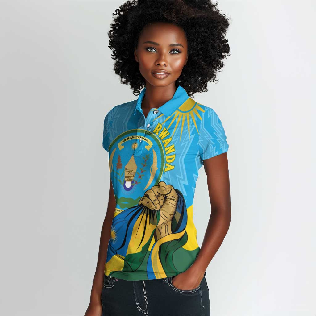Personalized Happy Rwanda Independence Day Women Polo Shirt Coat Of Arms With Map