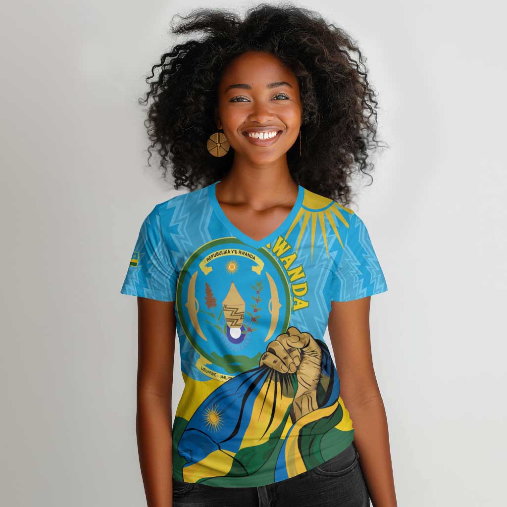 Personalized Happy Rwanda Independence Day Women V-Neck T-Shirt Coat Of Arms With Map