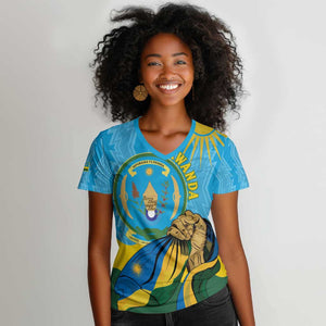 Personalized Happy Rwanda Independence Day Women V-Neck T-Shirt Coat Of Arms With Map