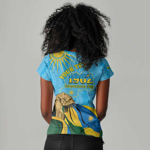 Personalized Happy Rwanda Independence Day Women V-Neck T-Shirt Coat Of Arms With Map