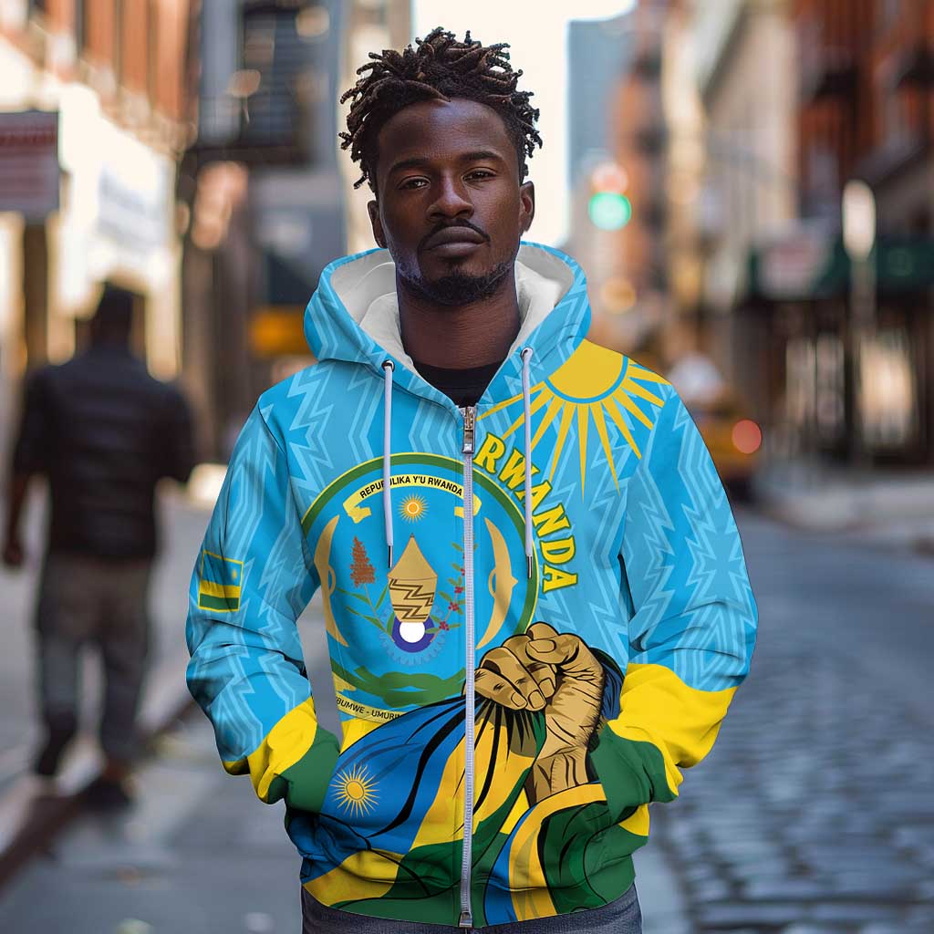 Personalized Happy Rwanda Independence Day Zip Hoodie Coat Of Arms With Map