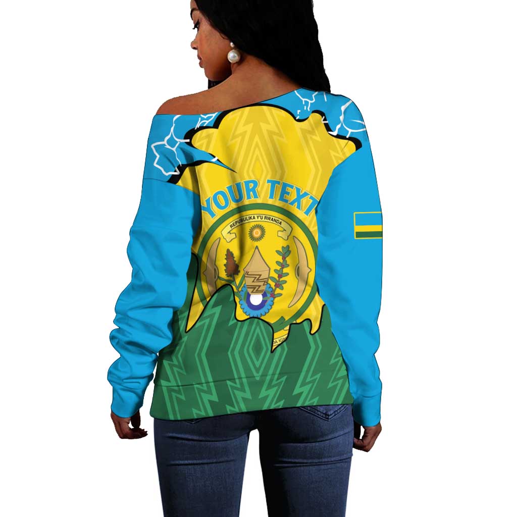 Personalized Jamhuri ya Rwanda Off Shoulder Sweater Coat Of Arms Imigongo Pattern