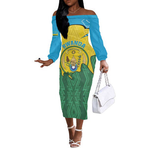 Personalized Jamhuri ya Rwanda Off The Shoulder Long Sleeve Dress Coat Of Arms Imigongo Pattern