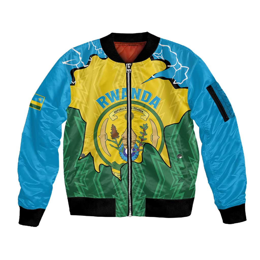 Personalized Jamhuri ya Rwanda Sleeve Zip Bomber Jacket Coat Of Arms Imigongo Pattern