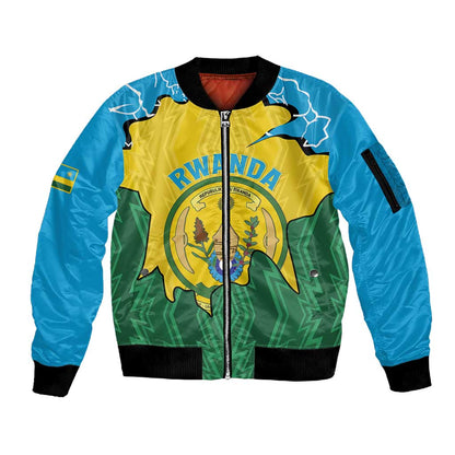 Personalized Jamhuri ya Rwanda Sleeve Zip Bomber Jacket Coat Of Arms Imigongo Pattern