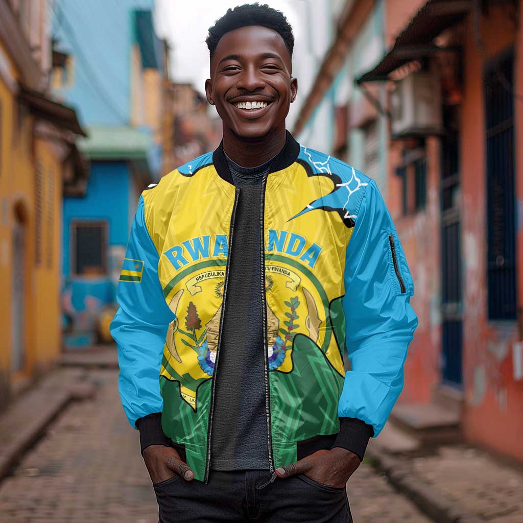 Personalized Jamhuri ya Rwanda Sleeve Zip Bomber Jacket Coat Of Arms Imigongo Pattern