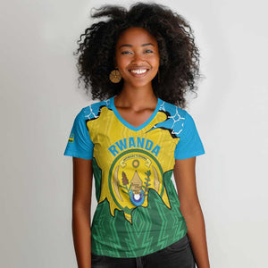 Personalized Jamhuri ya Rwanda Women V-Neck T-Shirt Coat Of Arms Imigongo Pattern
