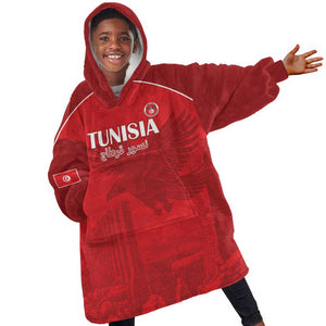 Custom Tunisia Football Kid Wearable Blanket Hoodie Eagles of Carthage Go Champion - Red Color - African Pride