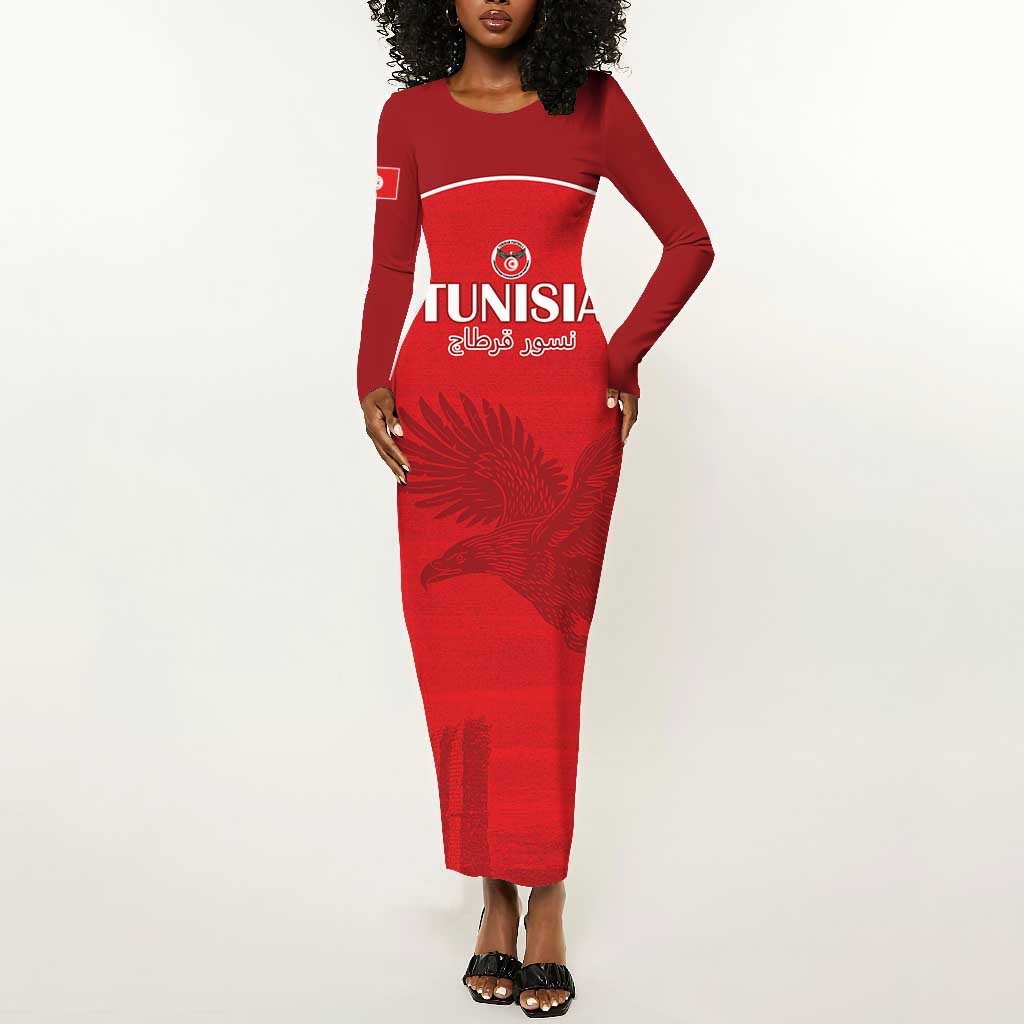Custom Tunisia Football Long Sleeve Bodycon Dress Eagles of Carthage Go Champion - Red Color - African Pride
