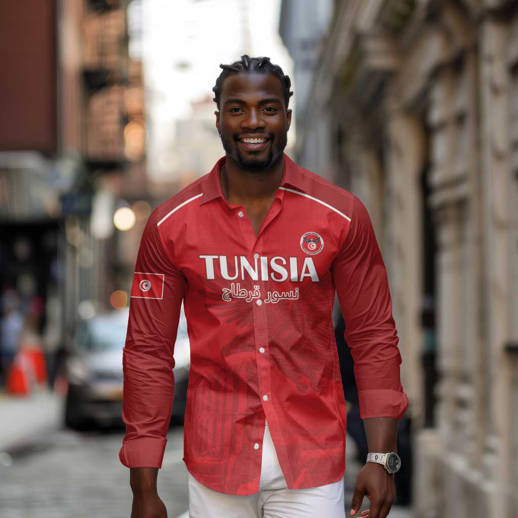 Custom Tunisia Football Long Sleeve Button Shirt Eagles of Carthage Go Champion - Red Color - African Pride