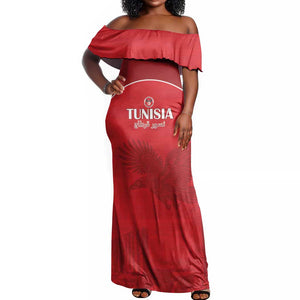 Custom Tunisia Football Off Shoulder Maxi Dress Eagles of Carthage Go Champion - Red Color - African Pride