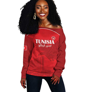 Custom Tunisia Football Off Shoulder Sweater Eagles of Carthage Go Champion - Red Color - African Pride