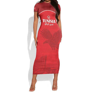 Custom Tunisia Football Short Sleeve Bodycon Dress Eagles of Carthage Go Champion - Red Color - African Pride