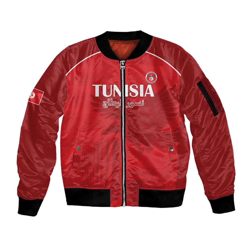 Custom Tunisia Football Sleeve Zip Bomber Jacket Eagles of Carthage Go Champion - Red Color - African Pride