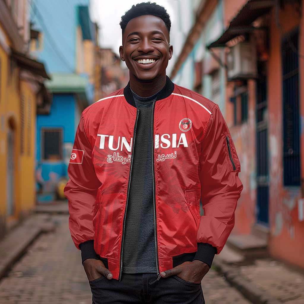 Custom Tunisia Football Sleeve Zip Bomber Jacket Eagles of Carthage Go Champion - Red Color - African Pride