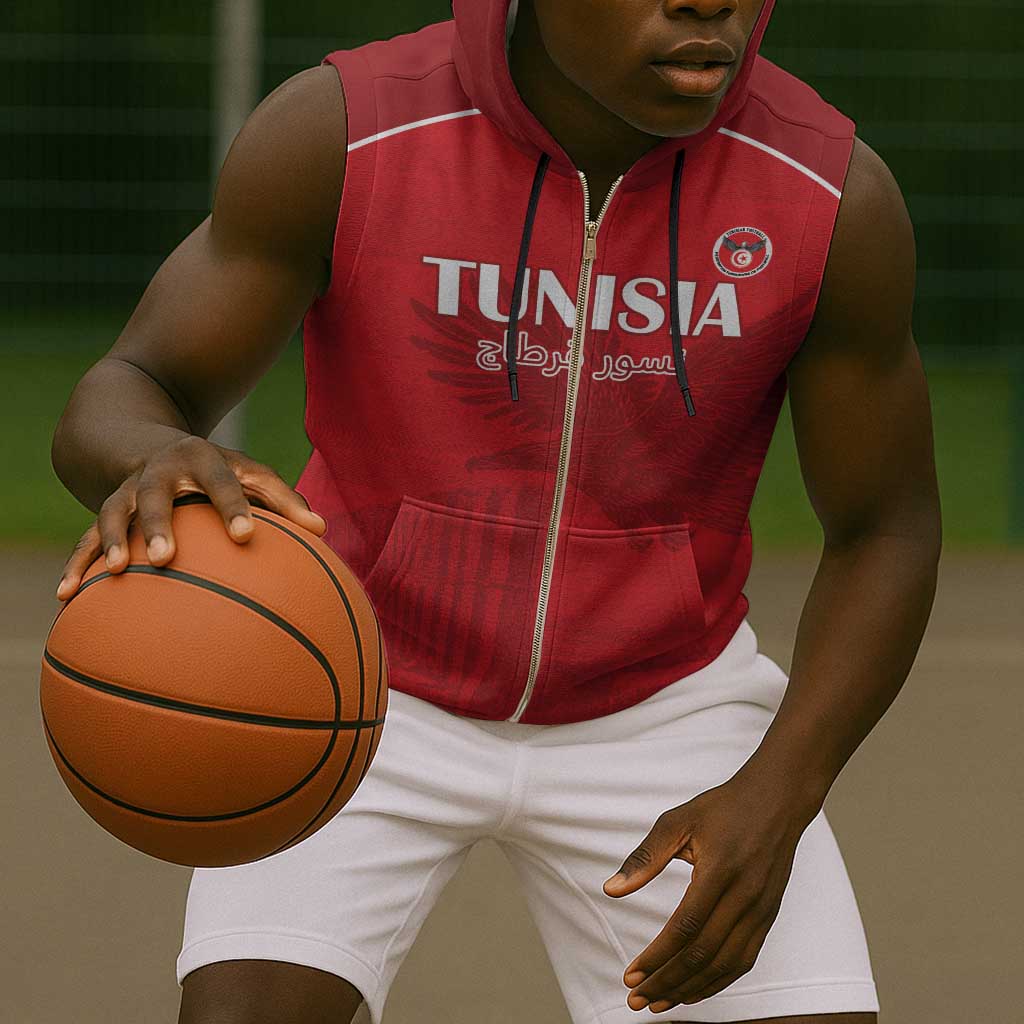 Custom Tunisia Football Sleeveless Zip Hoodie Eagles of Carthage Go Champion - Red Color - African Pride