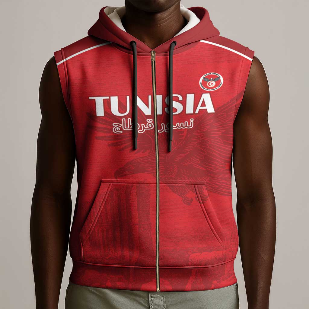 Custom Tunisia Football Sleeveless Zip Hoodie Eagles of Carthage Go Champion - Red Color - African Pride