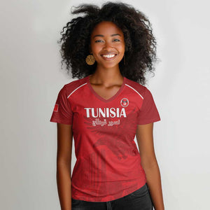 Custom Tunisia Football Women V-Neck T-Shirt Eagles of Carthage Go Champion - Red Color - African Pride