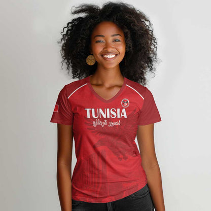 Custom Tunisia Football Women V-Neck T-Shirt Eagles of Carthage Go Champion - Red Color - African Pride