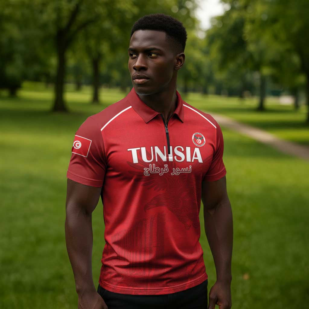 Custom Tunisia Football Zipper Polo Shirt Red Eagles of Carthage