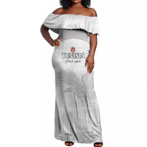 Custom Tunisia Football Off Shoulder Maxi Dress Eagles of Carthage Go Champion - White Color - African Pride