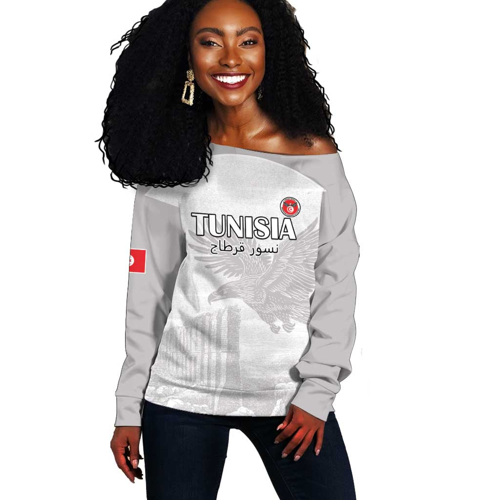Custom Tunisia Football Off Shoulder Sweater Eagles of Carthage Go Champion - White Color - African Pride