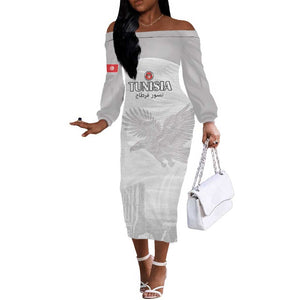 Custom Tunisia Football Off The Shoulder Long Sleeve Dress Eagles of Carthage Go Champion - White Color - African Pride