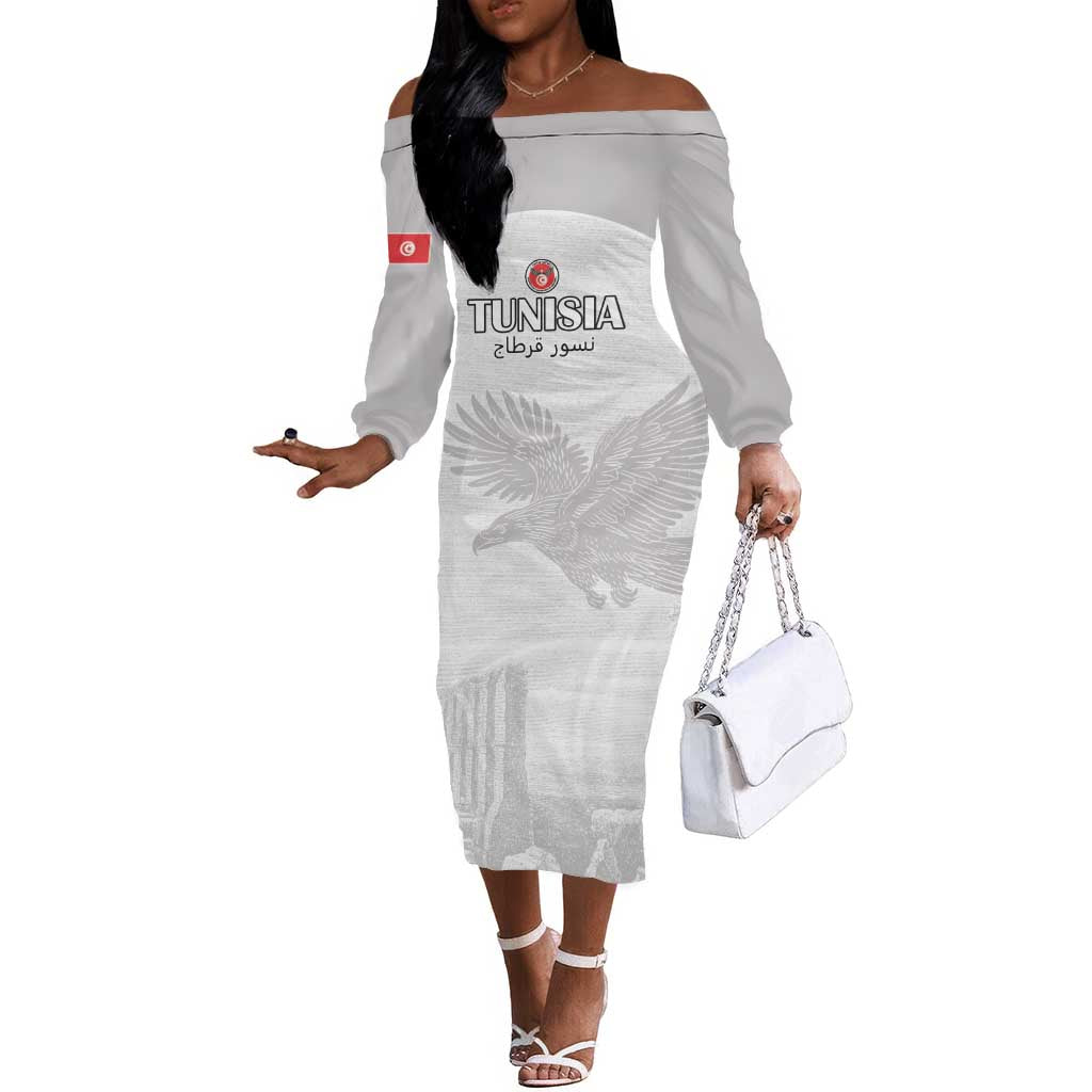 Custom Tunisia Football Off The Shoulder Long Sleeve Dress Eagles of Carthage Go Champion - White Color - African Pride