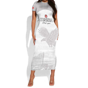 Custom Tunisia Football Short Sleeve Bodycon Dress Eagles of Carthage Go Champion - White Color - African Pride