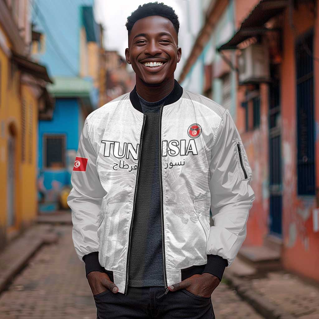 Custom Tunisia Football Sleeve Zip Bomber Jacket Eagles of Carthage Go Champion - White Color - African Pride