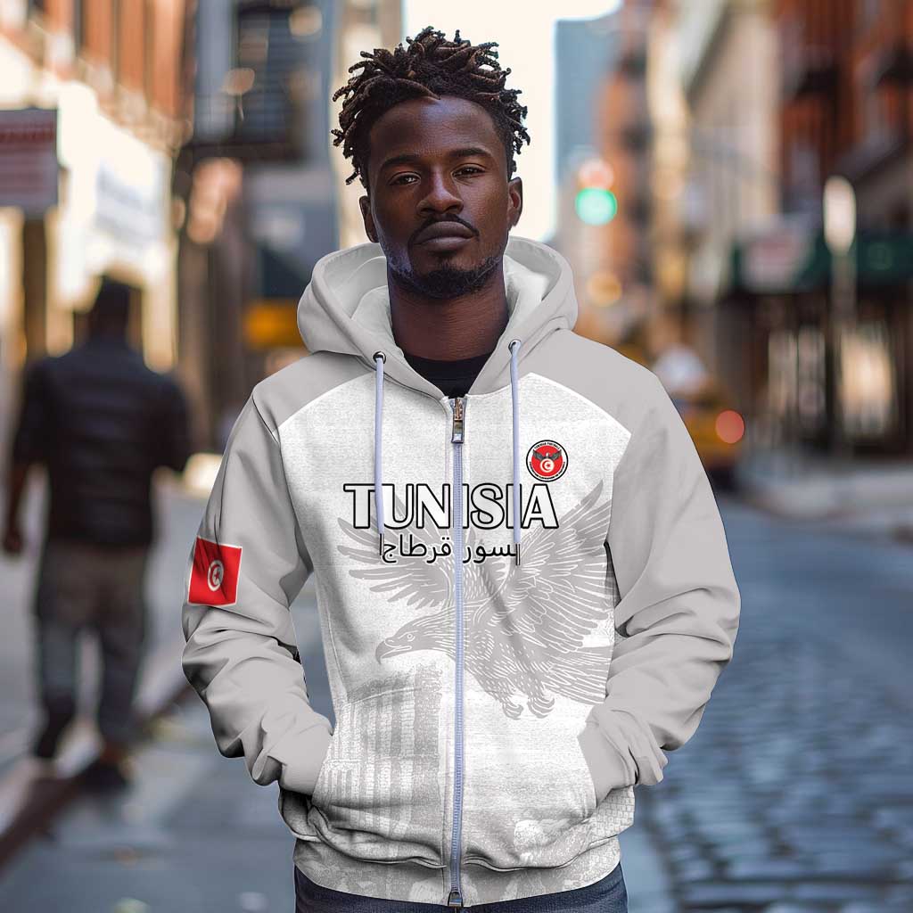 Custom Tunisia Football Zip Hoodie Eagles of Carthage Go Champion - White Color - African Pride