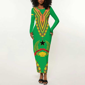 Personalised Afro Guinea Bissau Long Sleeve Bodycon Dress Dashiki With Coat Of Arms LT15