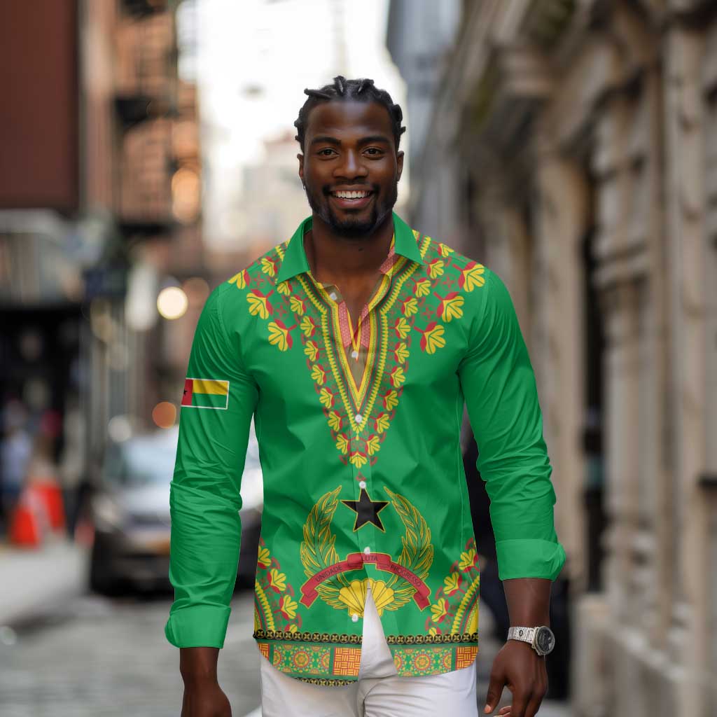 Personalised Afro Guinea Bissau Long Sleeve Button Shirt Dashiki With Coat Of Arms