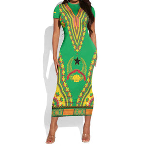 Personalised Afro Guinea Bissau Short Sleeve Bodycon Dress Dashiki With Coat Of Arms LT15