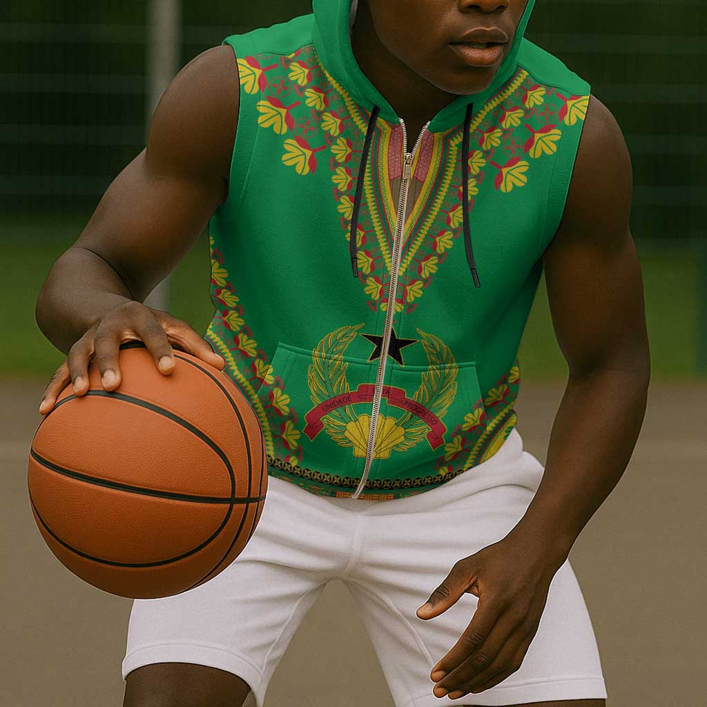 Personalised Afro Guinea Bissau Sleeveless Zip Hoodie Dashiki With Coat Of Arms - African Pride