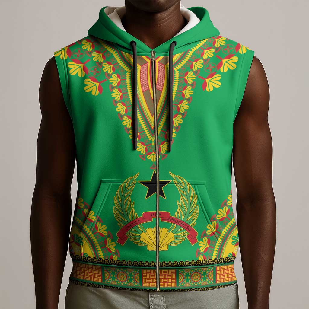 Personalised Afro Guinea Bissau Sleeveless Zip Hoodie Dashiki With Coat Of Arms - African Pride