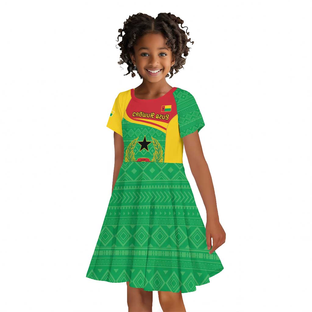 Personalised Afro Guinea Bissau Kid Short Sleeve Dress Coat Of Arms Mix African Pattern