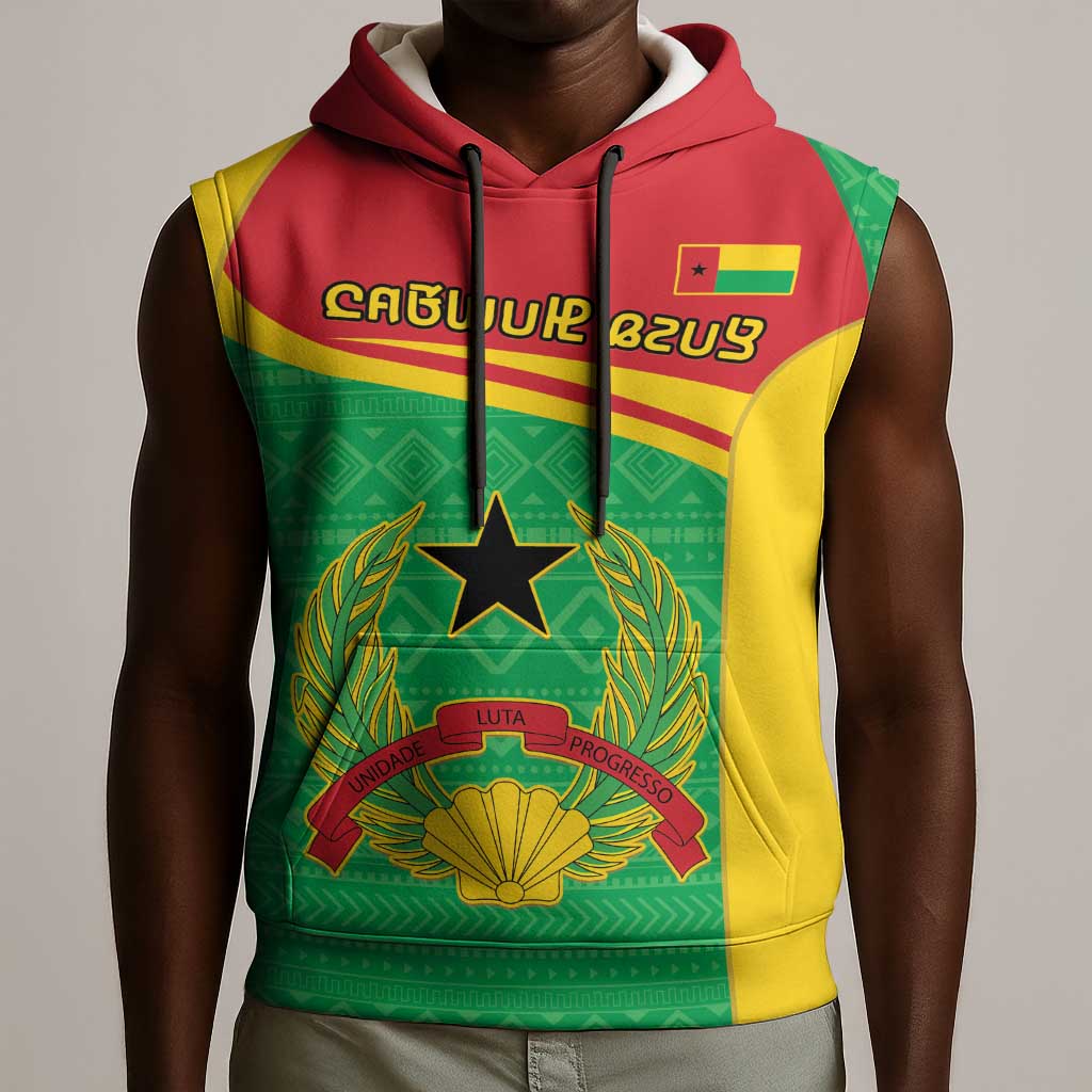 Personalised Afro Guinea Bissau Sleeveless Hoodie Coat Of Arms Mix African Pattern - African Pride