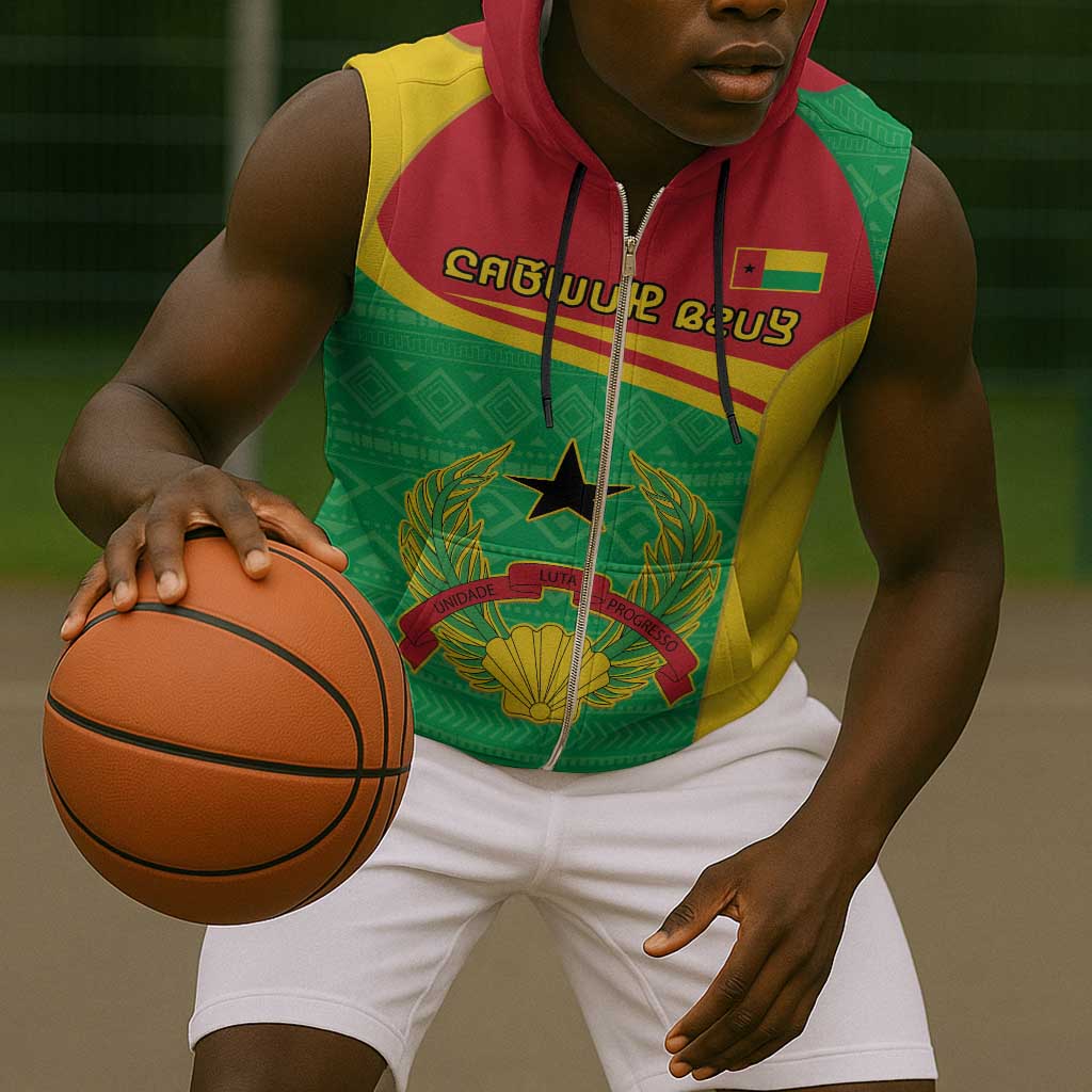Personalised Afro Guinea Bissau Sleeveless Zip Hoodie Coat Of Arms Mix African Pattern - African Pride