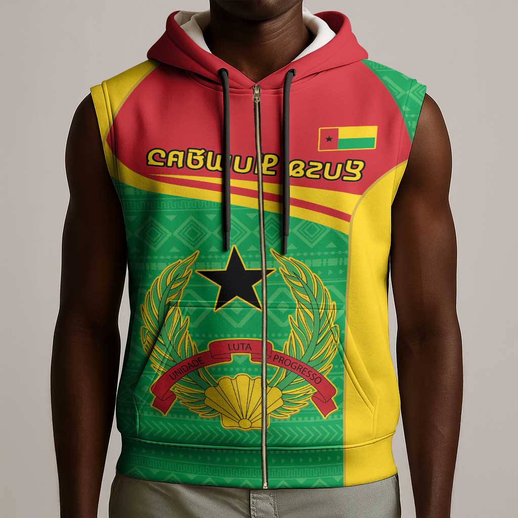 Personalised Afro Guinea Bissau Sleeveless Zip Hoodie Coat Of Arms Mix African Pattern - African Pride